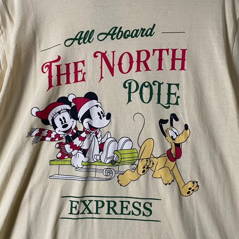 Disney Mickey Minnie Pluto North Pole Express‎ Christmas T-Shirt Cream XL